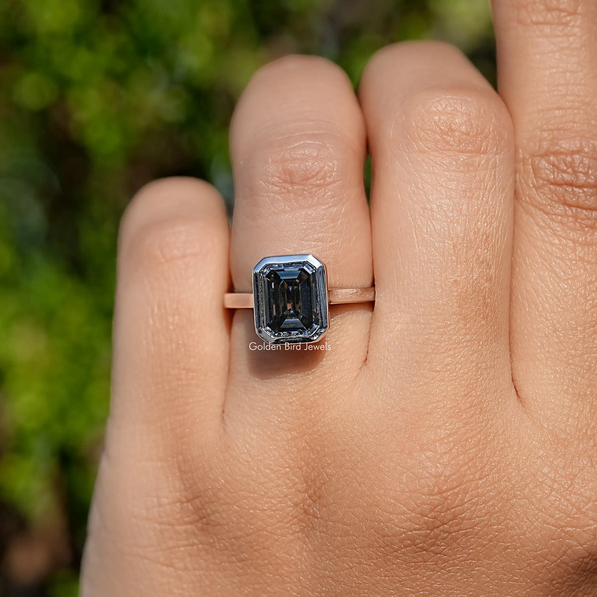 Close View Of Grey Emerald Cut Moissanite Ring
