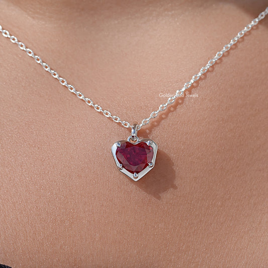 Heart gemstone solitaire necklace with red ruby-style stone on silver chain