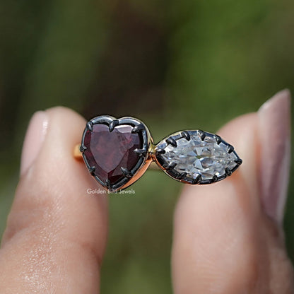 Heart two-stone ring: dark heart gemstone and oval clear stone on silver-toned band