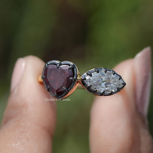 Heart two-stone ring: dark heart gemstone and oval clear stone on silver-toned band