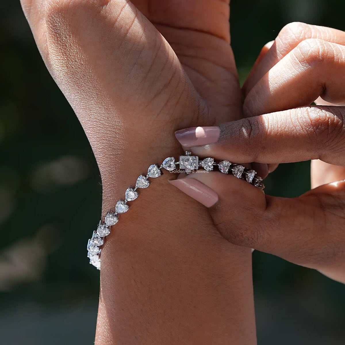 Back view of moissanite heart cut bracelet