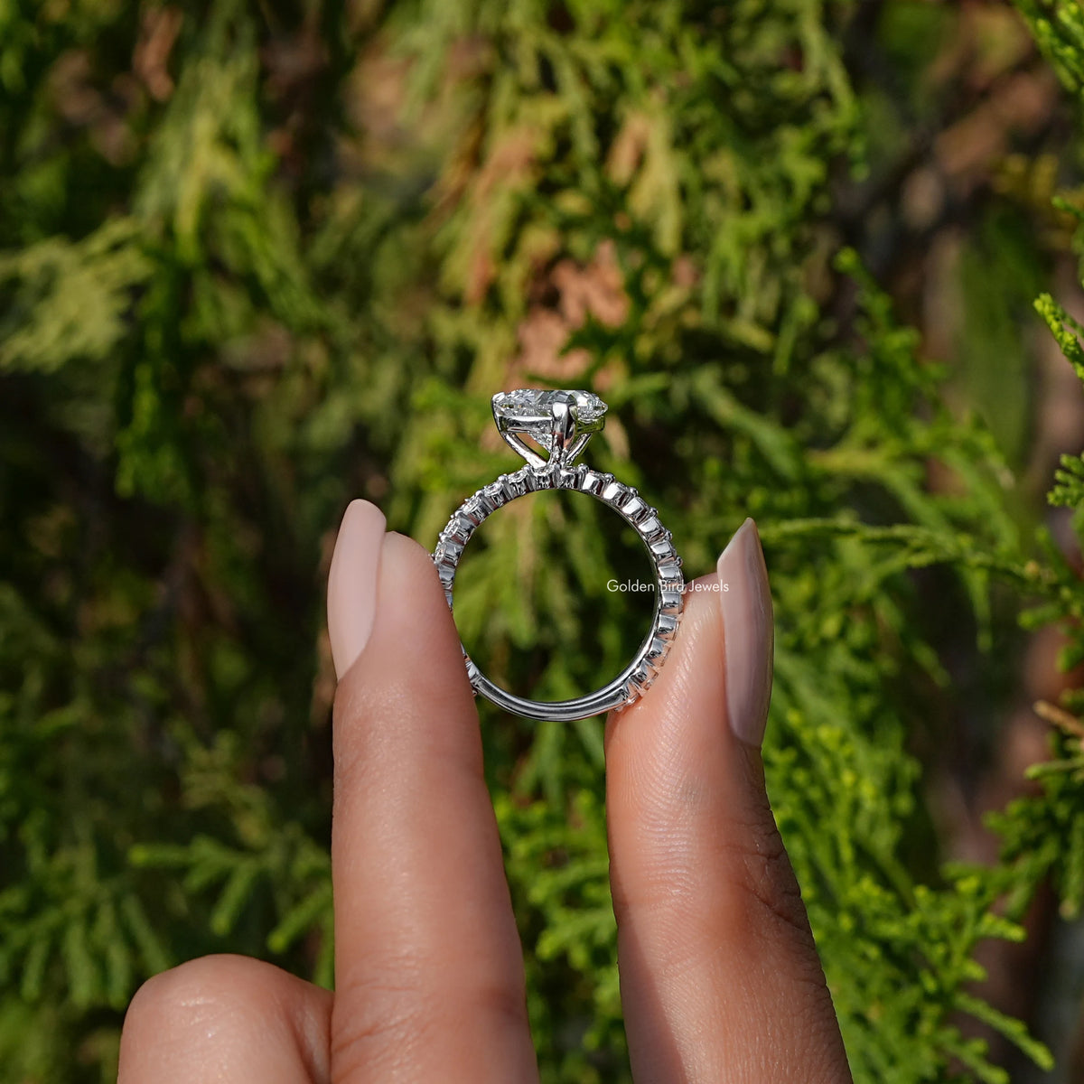 Back View of A Heart Cut Diamond Ring Set In two finger