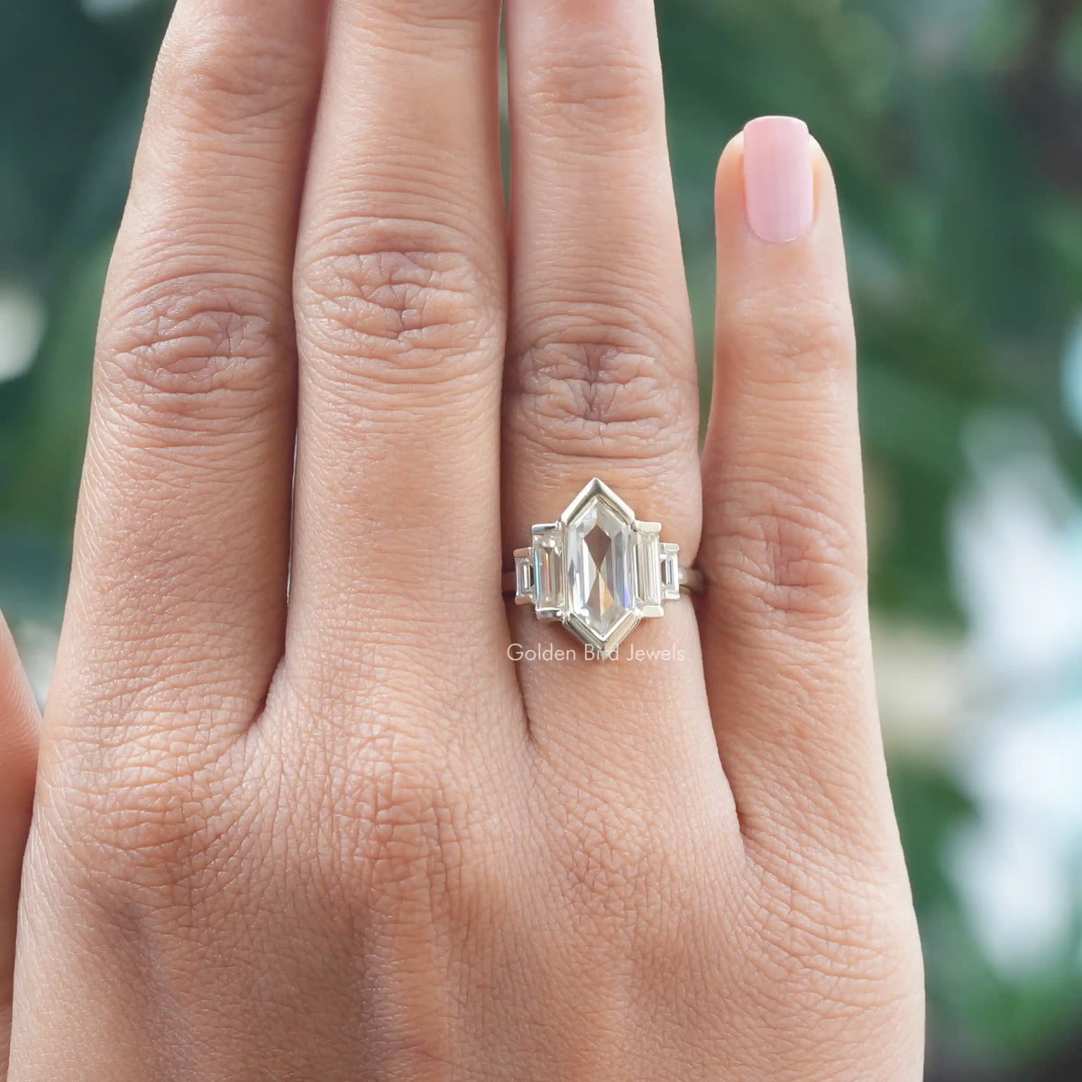 Hexagon Cut Five Stone Ring In White Gold