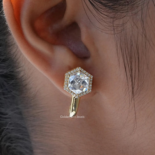 [Hexagon Moissanite Halo Earrings]-[Golden Bird Jewels]