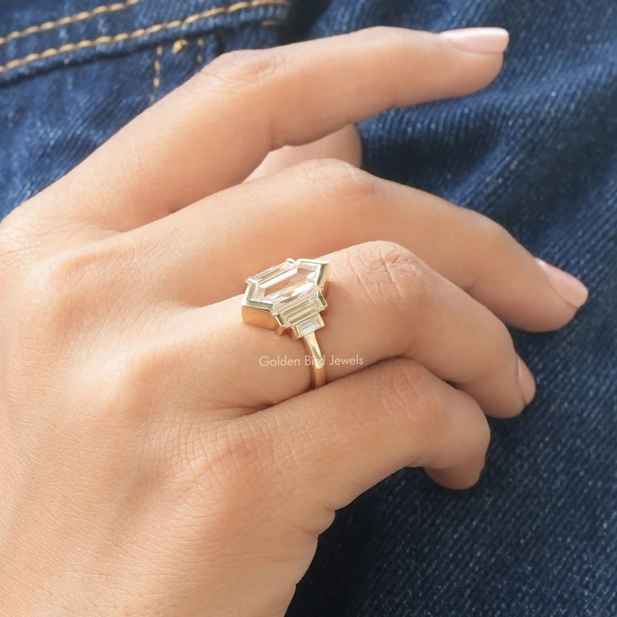 Detailed View Of Hexagon Cut Five Stone Moissanite Ring