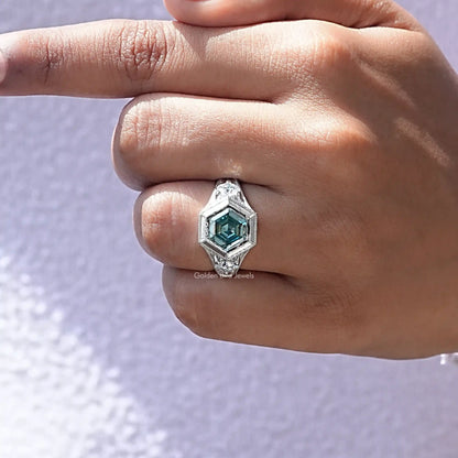 925 sterling silver three-stone engagement ring with teal hexagon moissanite center