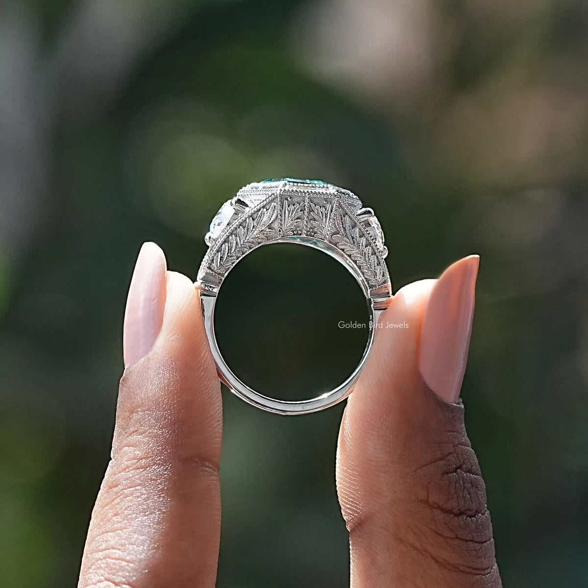 925 sterling silver halo engagement ring with teal hexagon moissanite and engraved band