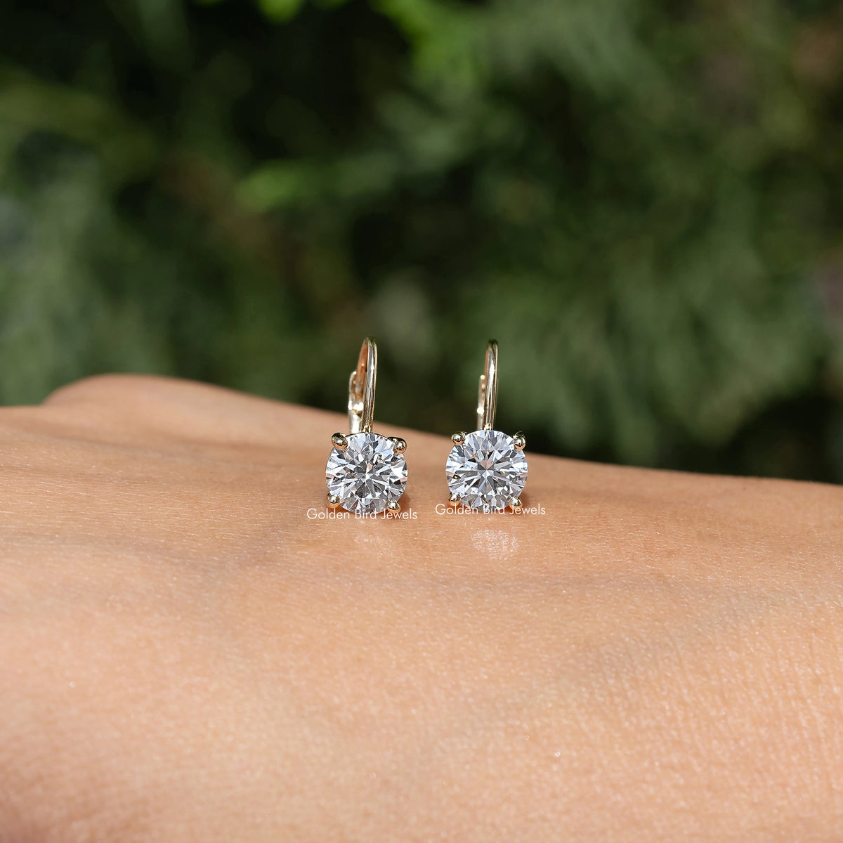 Gold-tone round lab-grown diamond dangle drop earrings with small hoop backs