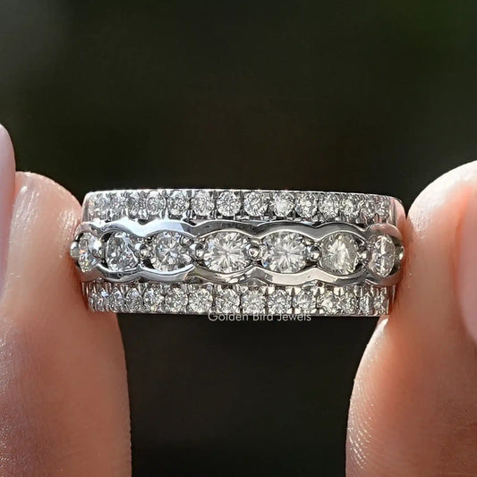 Three-row moissanite eternity band ring with round stones in silver prong setting