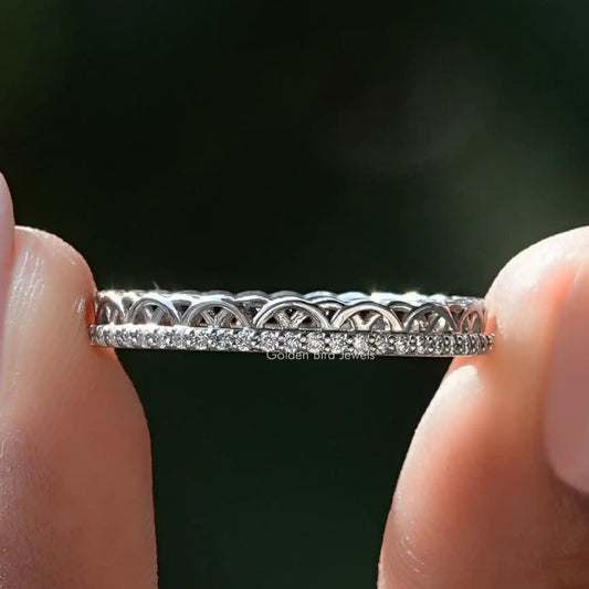 Moissanite stacking band with pavé center row and arched openwork top