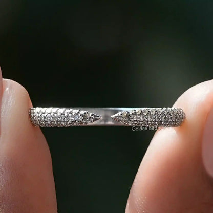 Silver moissanite pave eternity band ring with open cuff, round stones on both sides