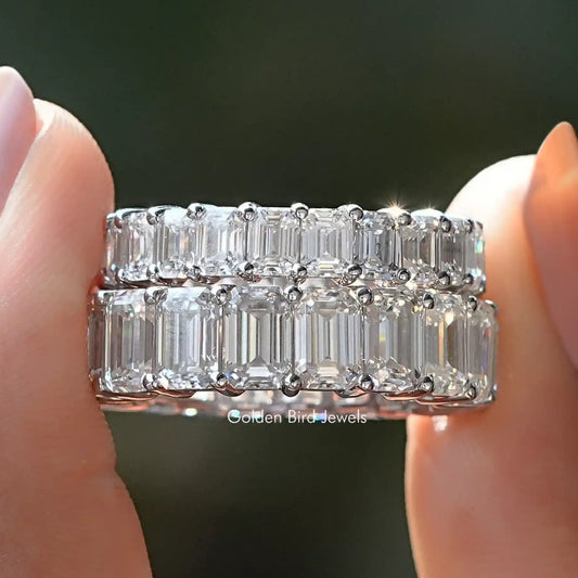 Emerald-cut moissanite full eternity band with rectangular stones, silver tone