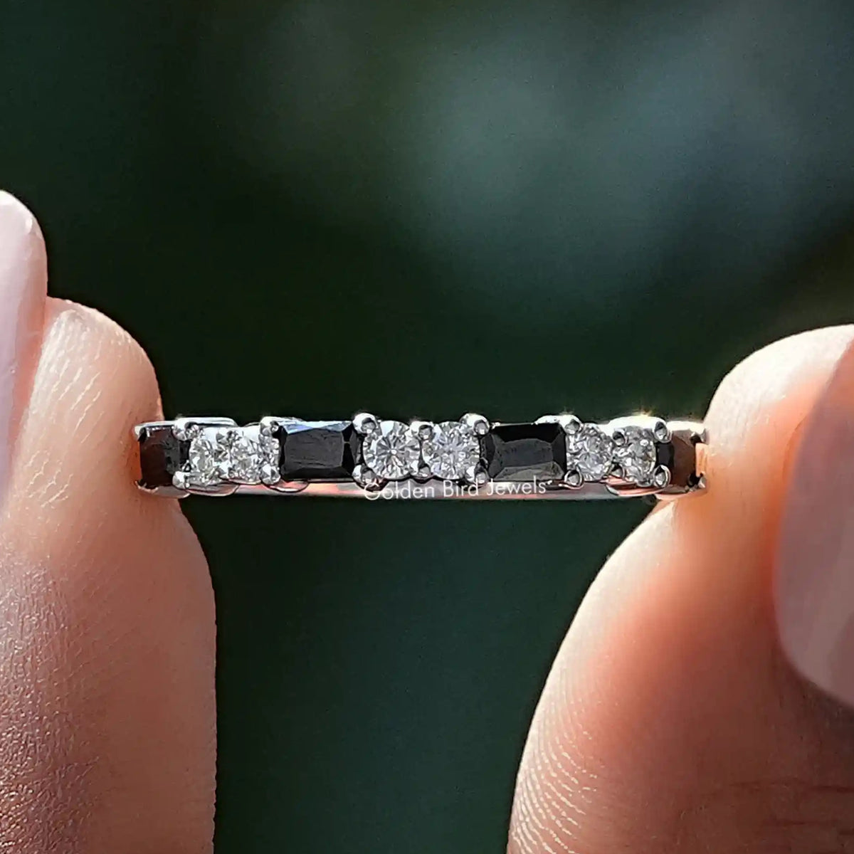 Gemstone eternity wedding band, silver with clear round and black baguette stones