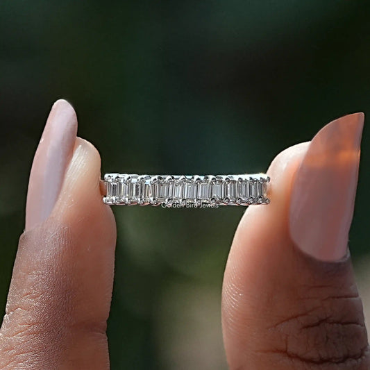 Silver half eternity ring with baguette-cut moissanite stones
