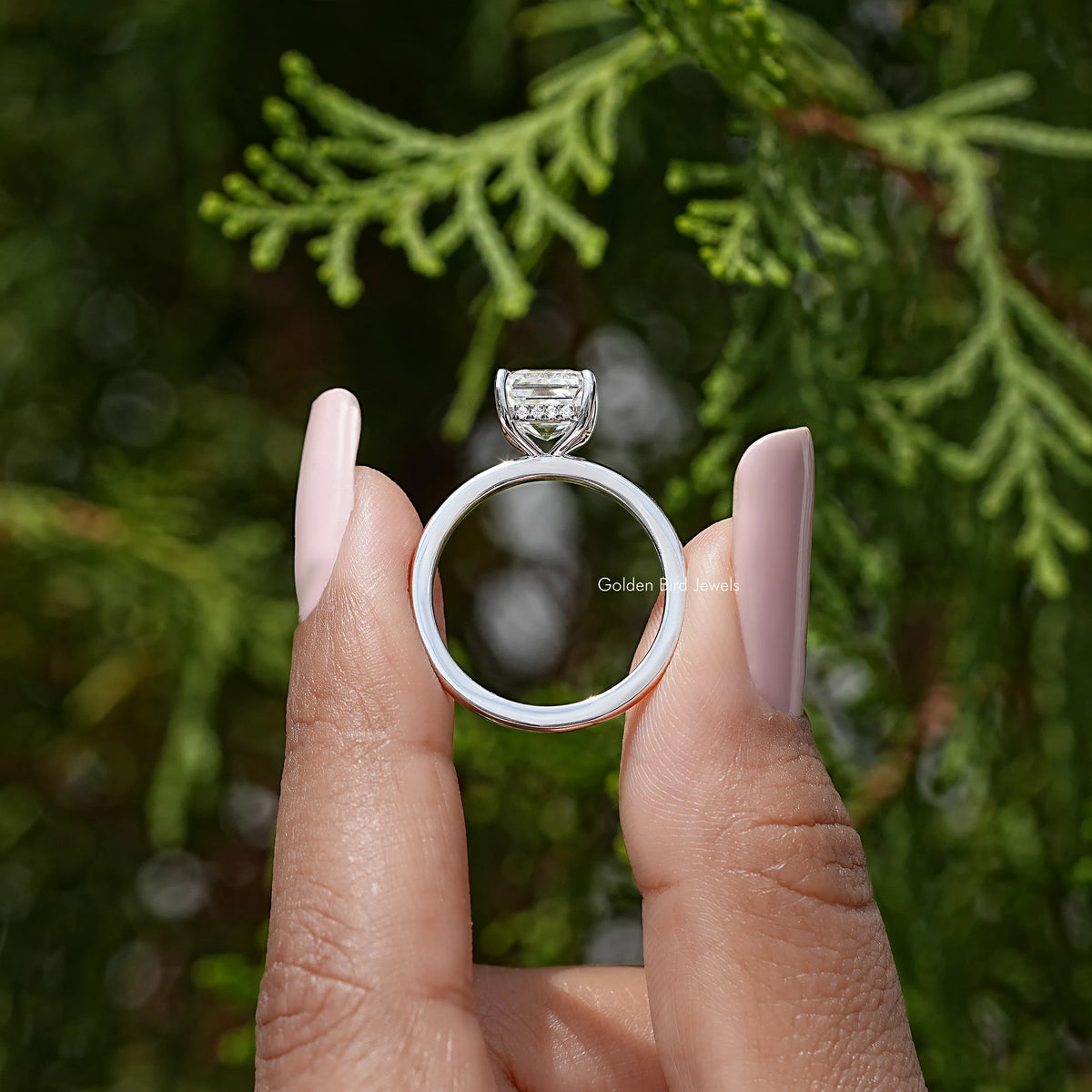 Sterling silver asscher-cut solitaire ring, underside view showing hidden halo setting