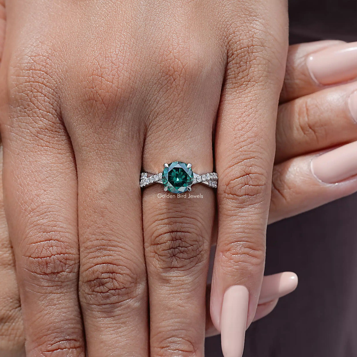 Green round moissanite ring with twisted pavé silver band