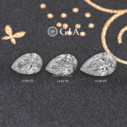Three pear-cut lab diamonds with 13.00, 14.00, and 15.00 CT markings