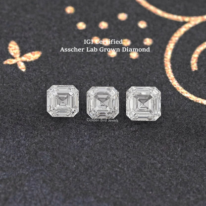 Asscher-cut lab-grown diamonds, three clear rectangular step-cut stones