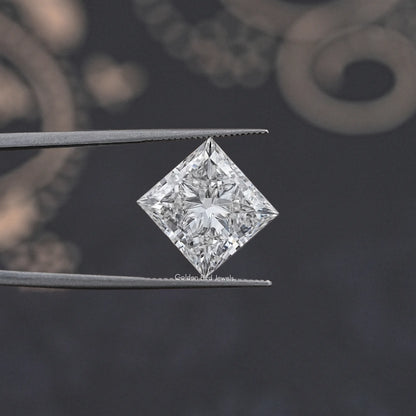 Princess-cut lab-grown diamond in metal tweezers, clear brilliant facets
