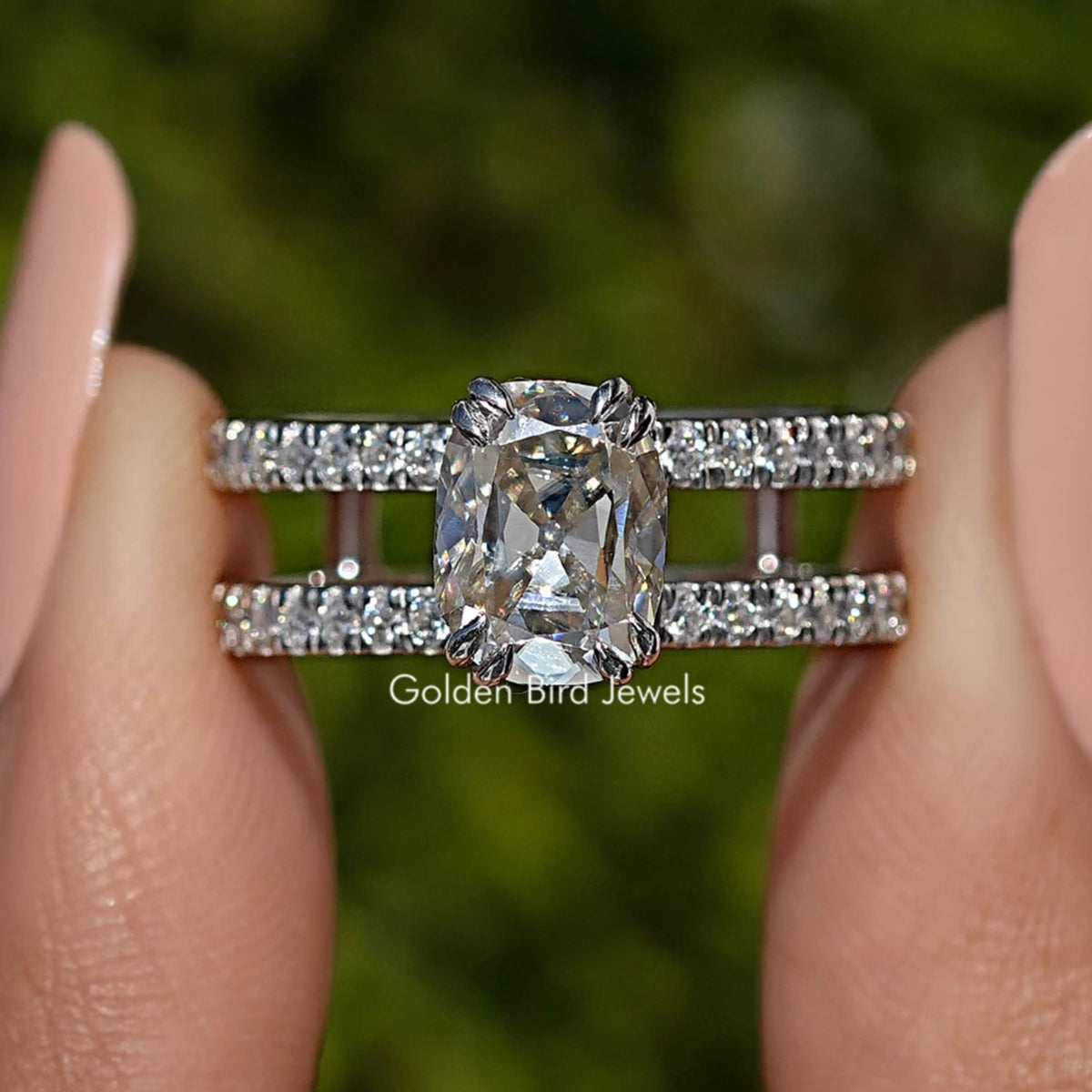925 sterling silver moissanite ring with irregular cushion center and baguette side stones