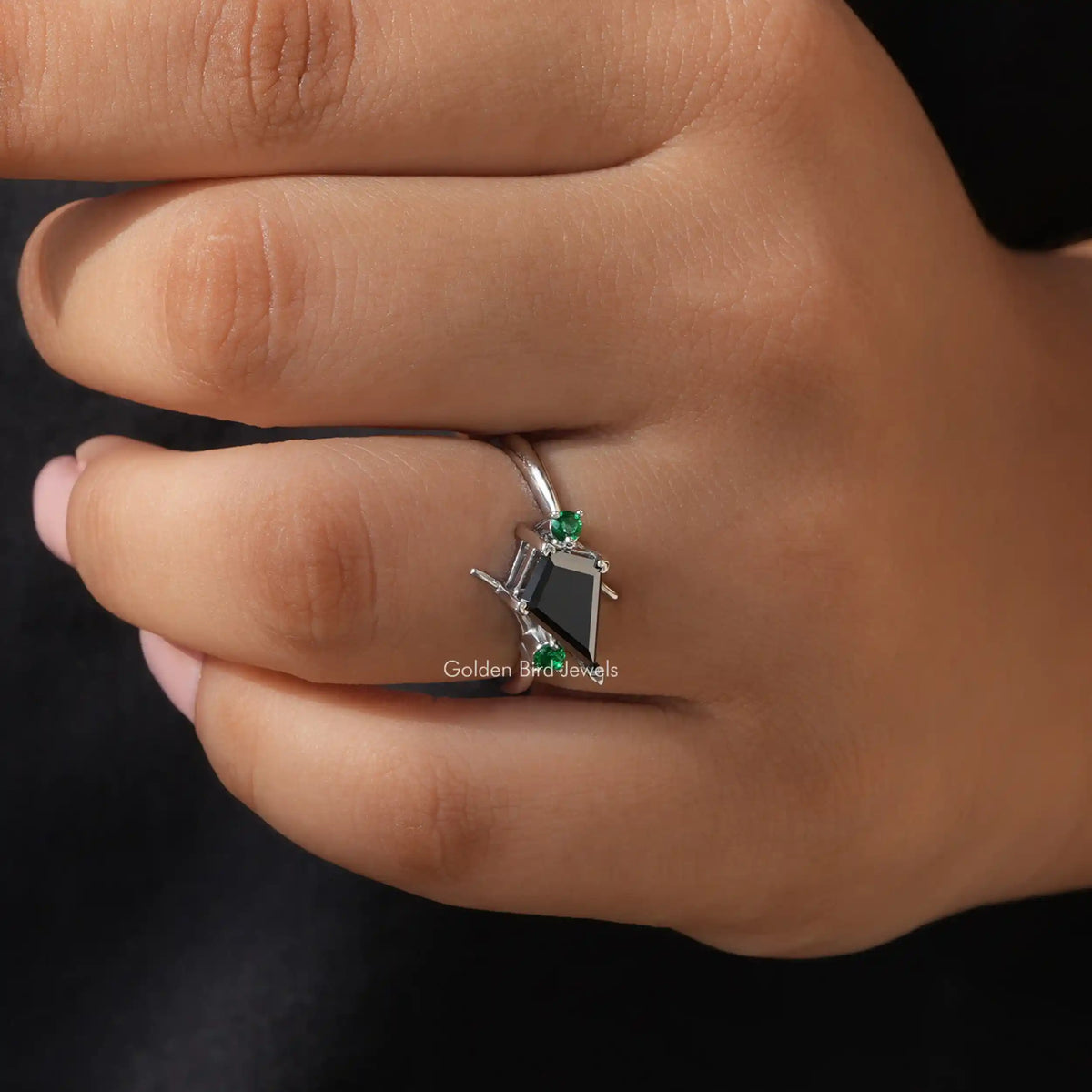 Close-Up View of Three Stone Kite Cut Moissanite Ring In White Gold