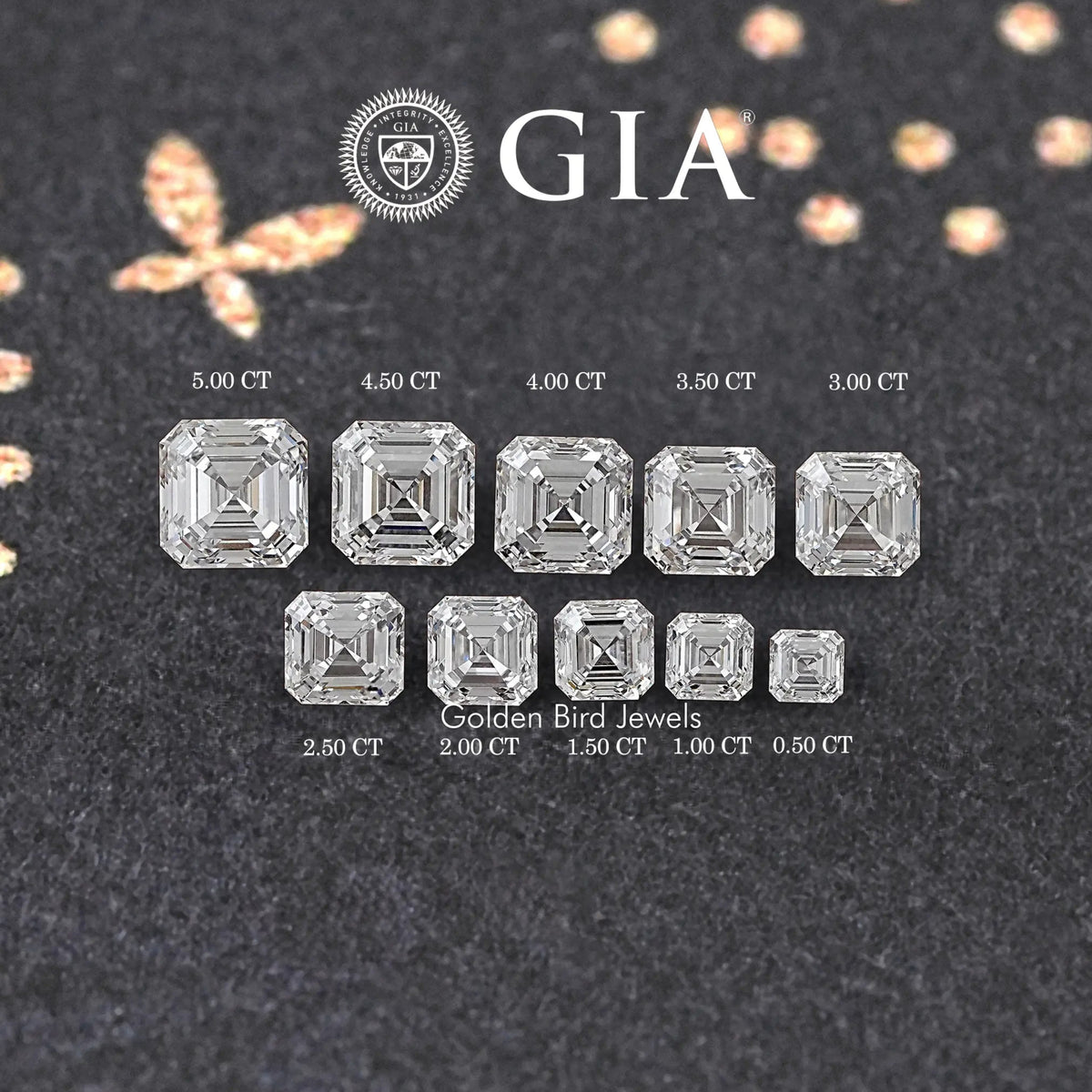 GIA display of asscher-cut lab diamonds with carat weights across the stones