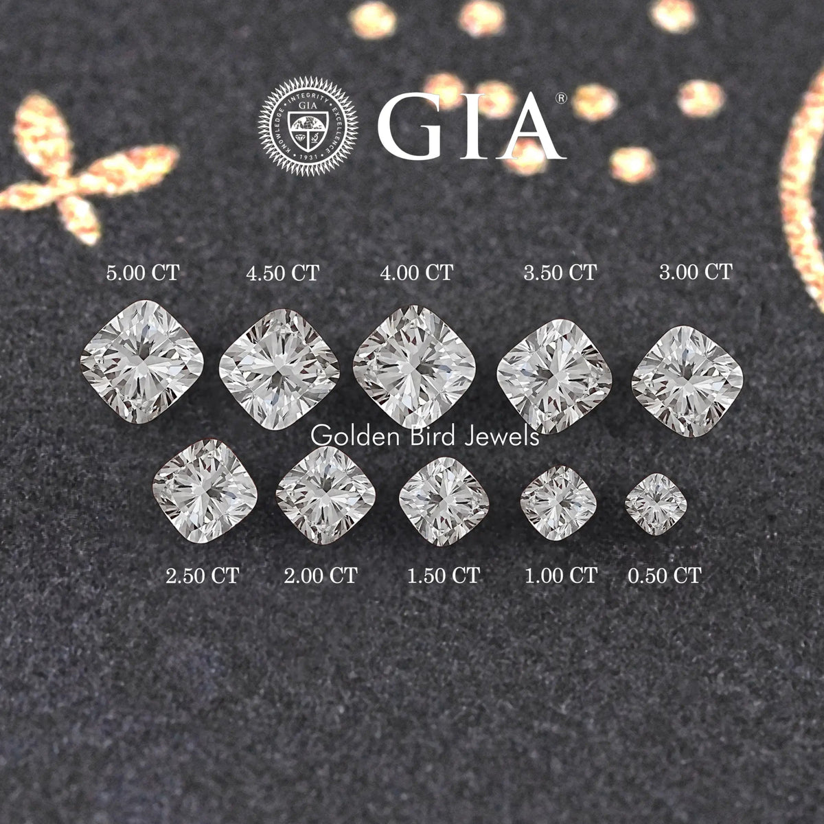 GIA certified cushion-cut lab diamond assortment in a grouped display