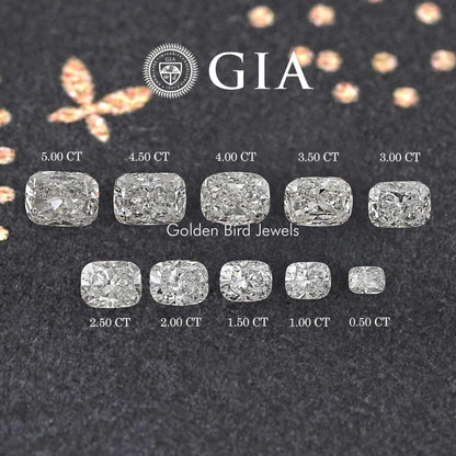GIA logo with multiple cushion-cut diamonds showing different carat sizes