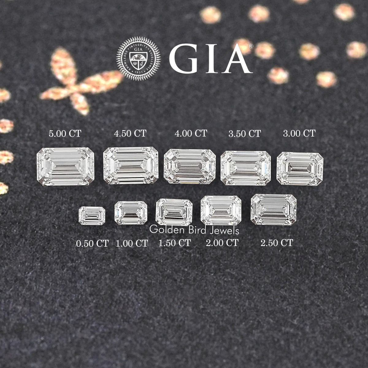 Assorted loose emerald-cut lab diamonds with GIA logo and carat display