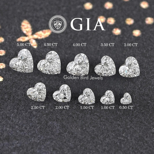 GIA certified heart-shaped lab diamonds set, various sizes and carat markings