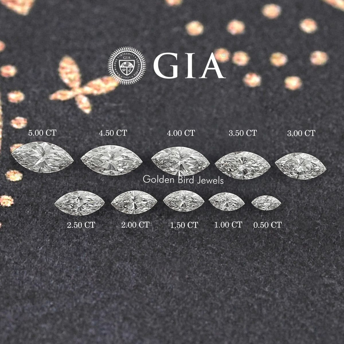 Marquise-cut lab diamonds arranged by size on a dark display surface