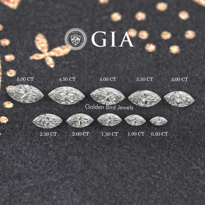 Marquise-cut lab diamonds arranged by size on a dark display surface