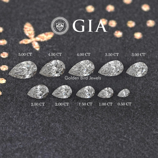GIA certified pear-cut lab diamonds display with carat sizes 0.5–5.0 CT.