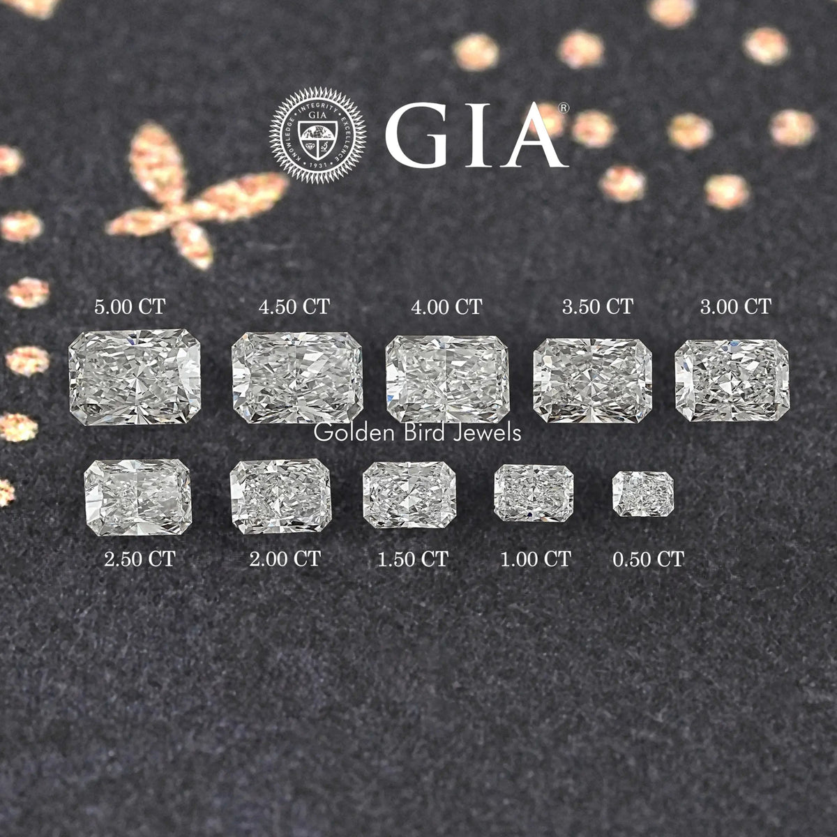 GIA certified radiant-cut lab diamond set showing carat sizes 0.50–5.00 CT