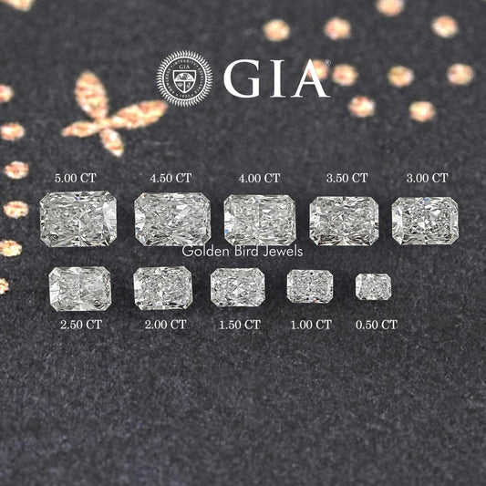 GIA certified radiant-cut lab diamond set showing carat sizes 0.50–5.00 CT