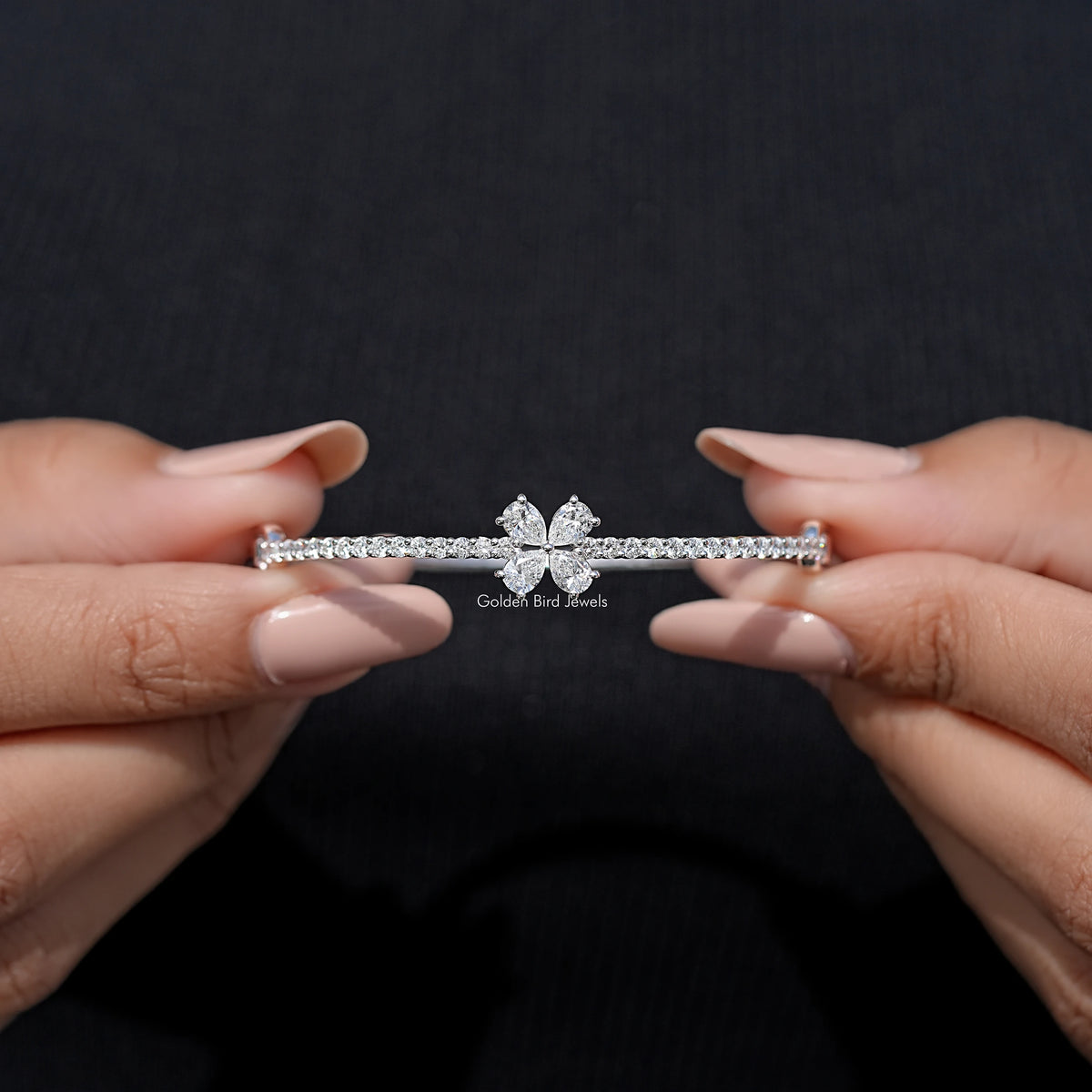 Lab diamond flower bangle bracelet with pear-cut cluster and pavé band