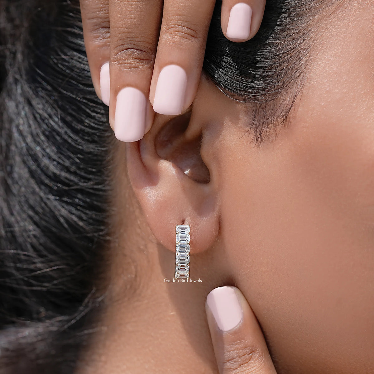 Silver-tone emerald-cut lab diamond huggie earrings with rectangular stone row details
