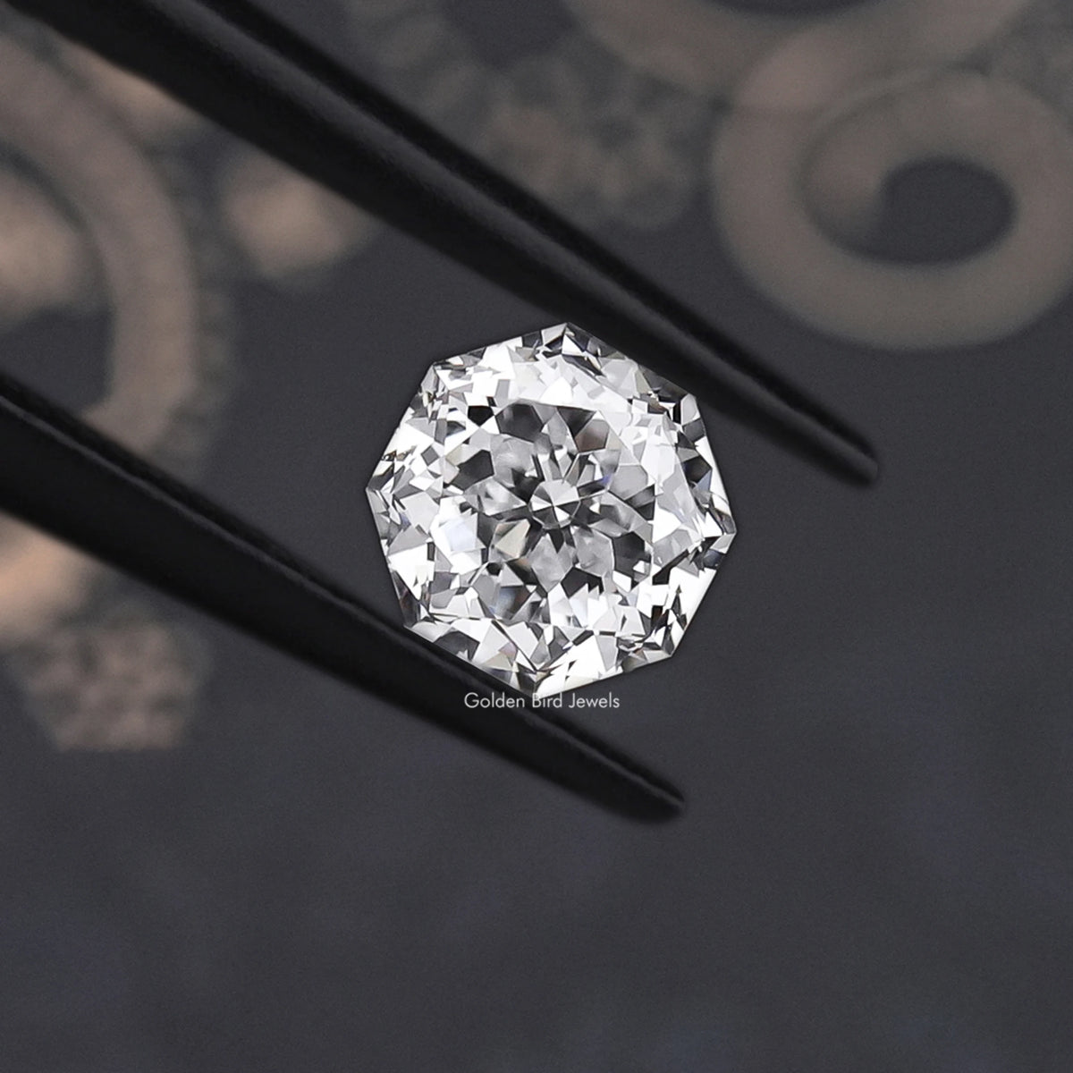 Faceted diamond close-up with reflective facets, angled setting view