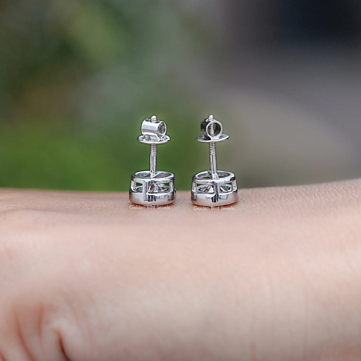 Back View of Round Cut Diamond Bezel Set Earrings in screw back