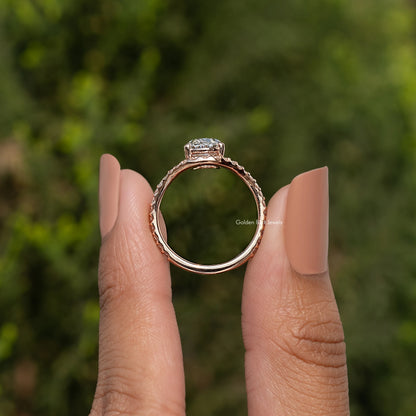 Oval lab diamond ring back view showing open shank and prong-set center stone