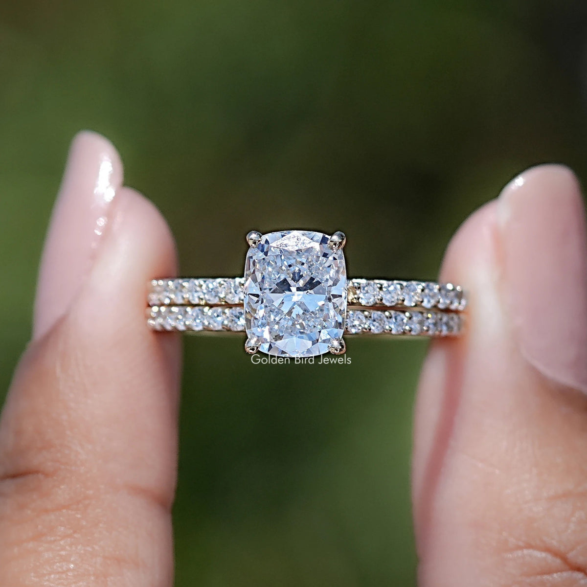 Elongated cushion-cut lab-grown diamond ring with pavé double band