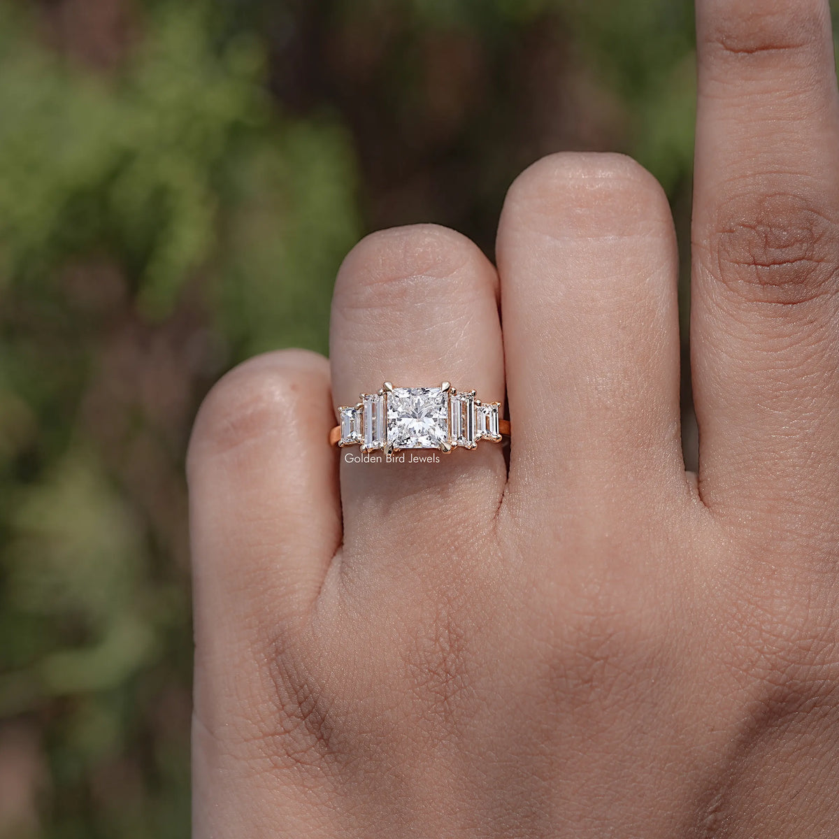 Front view of Princess And Baguette Lab Diamond Five Stone Ring