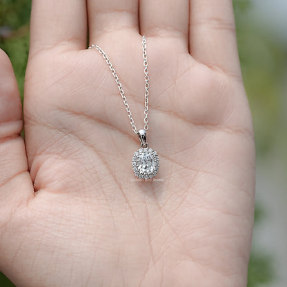 In Hand Showing of Lab Diamond Old Mine Cushion Cut Halo Necklace