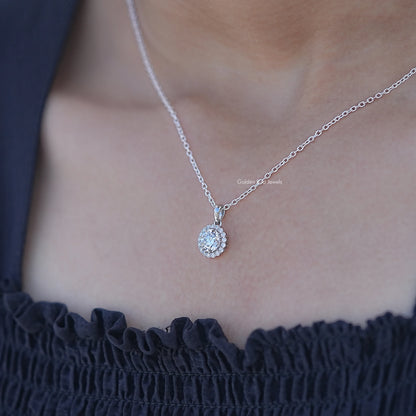 In Neck View of Old European Round Diamond Halo Pendant