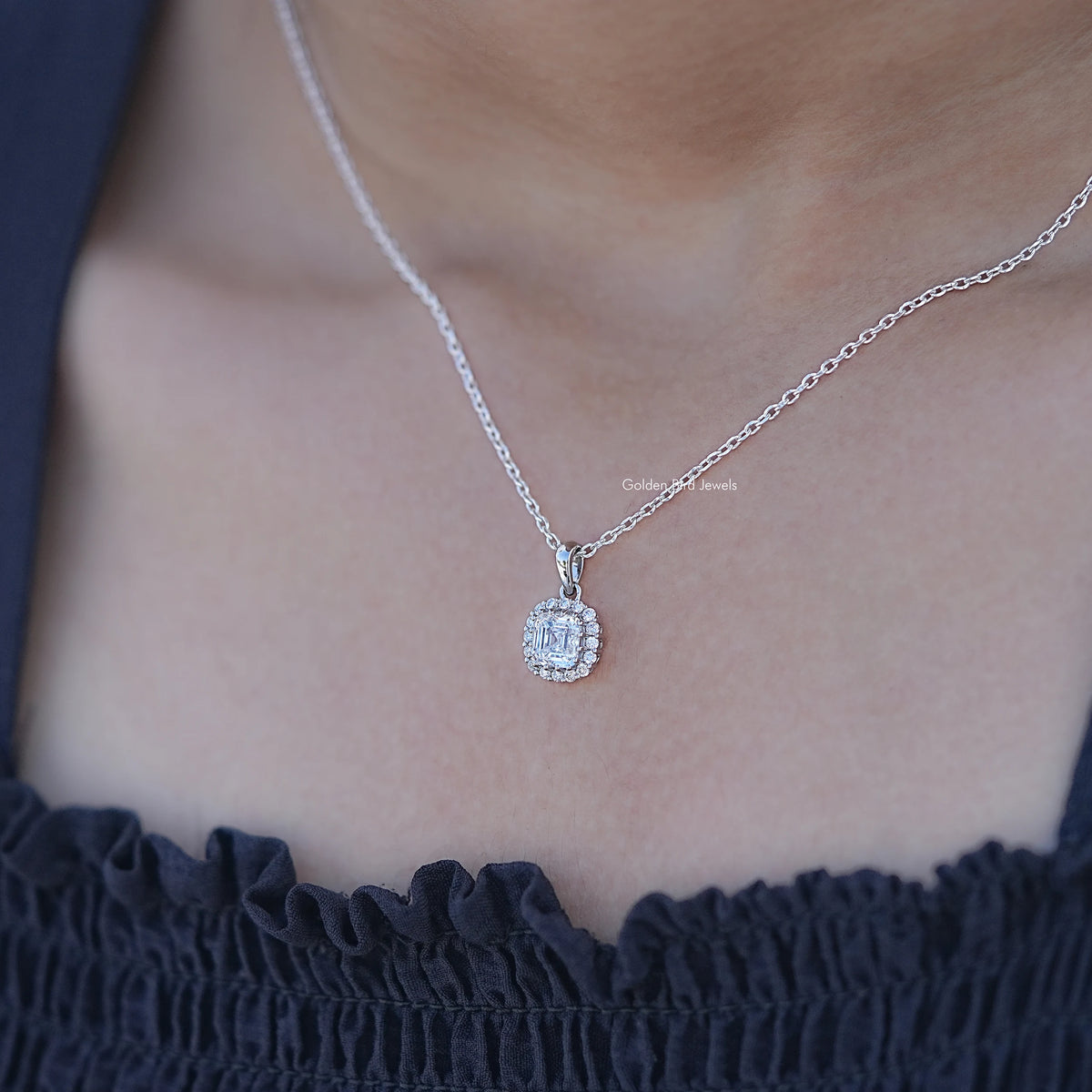 In Neck View of Lab Diamond Square Old Mine Cushion Halo Pendant