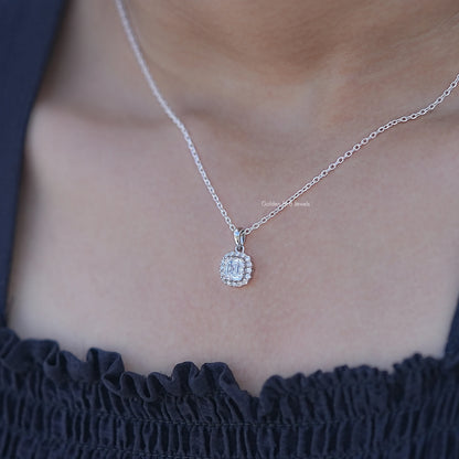 In Neck View of Lab Diamond Square Old Mine Cushion Halo Pendant