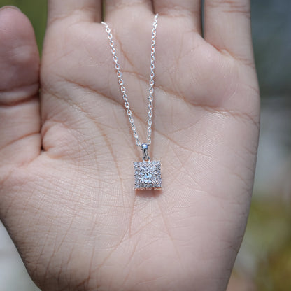 In Hand Showing of Princess Cut Lab Diamond Halo Pendant