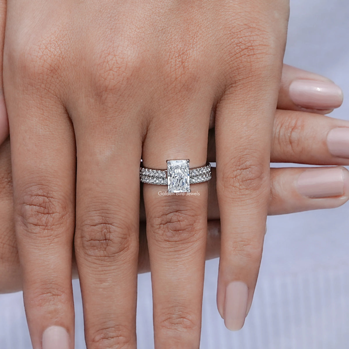 View of Lab Diamond Radiant cut in prongs setting 