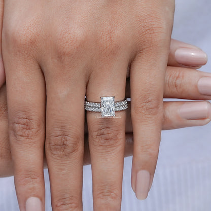 View of Lab Diamond Radiant cut in prongs setting 