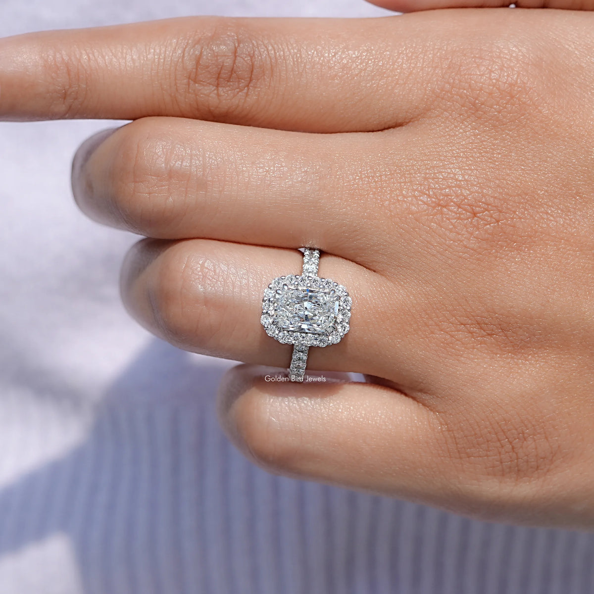 In finger front view of Lab Diamond Halo Accent Engagement Ring	 in unique shape